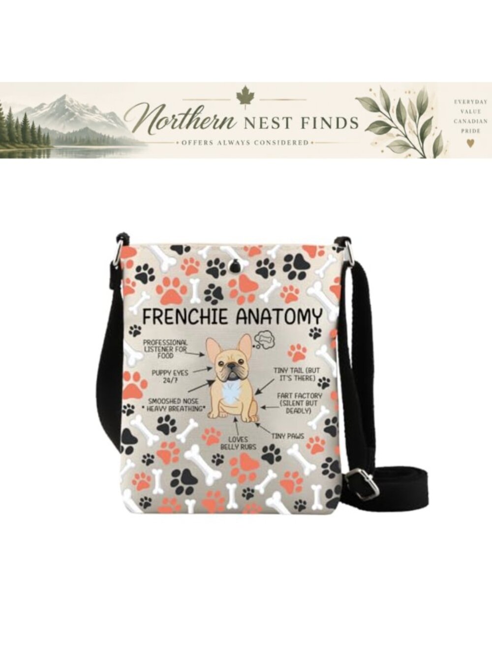 Frenchie French Bulldog Crossbody Bag Canvas Adjustable Strap Gift for Dog Mom